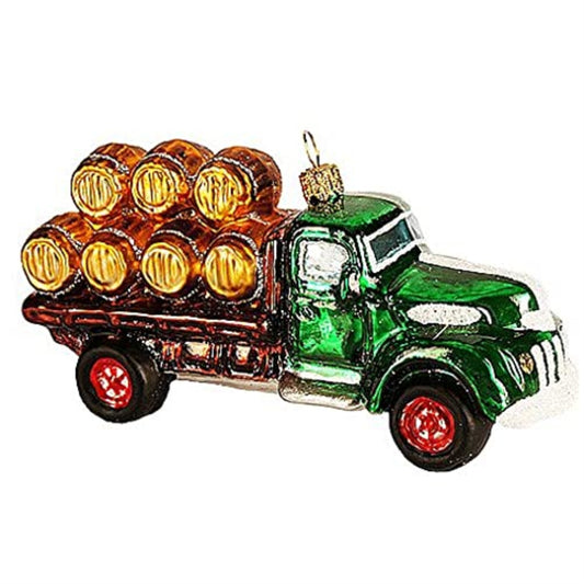 Green Wine Delivery Truck Polish Glass Christmas Ornament Vino Barrel Decoration