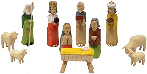 Colored German Carved Wood Christmas Nativity Scene Set of 11 Pieces Germany