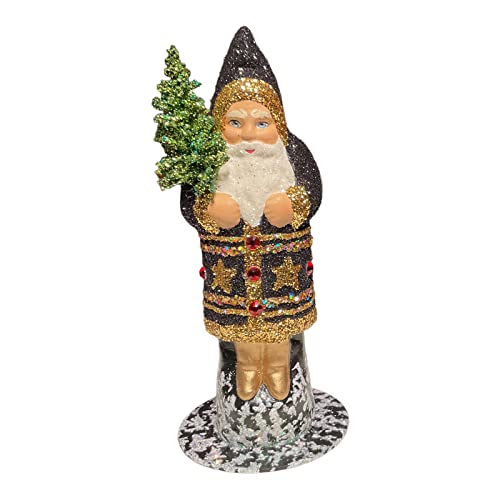 Ino Schaller Black Glitter Coat Santa with Star Design German Paper Mache 6 Inch