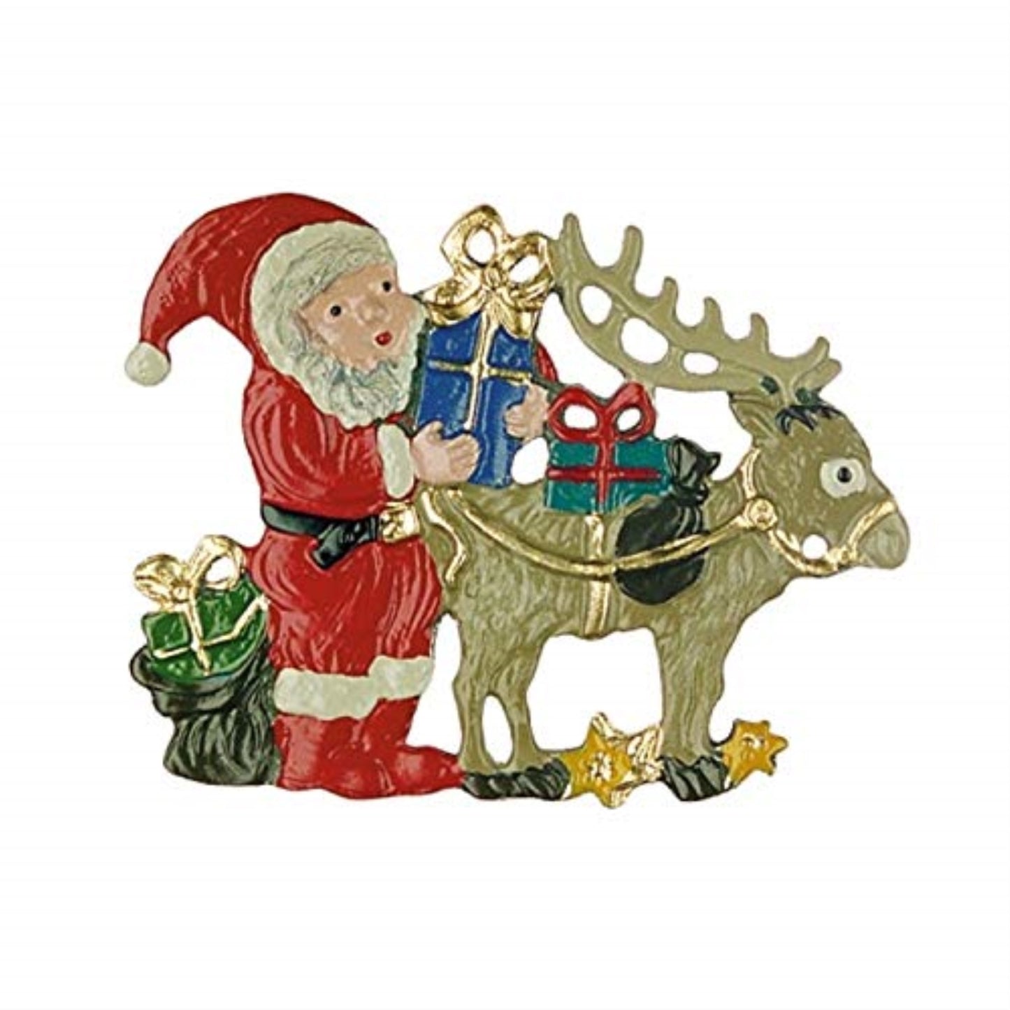 Santa with Reindeer German Pewter Christmas Ornament Decoration Made in Germany