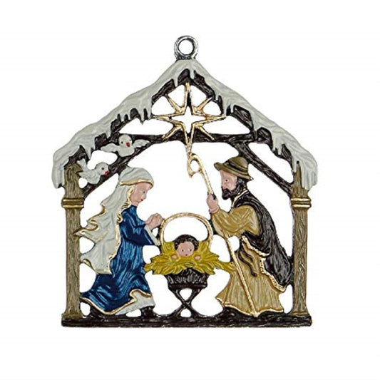 Nativity with Snow German Pewter Christmas Ornament Holy Family Decoration New