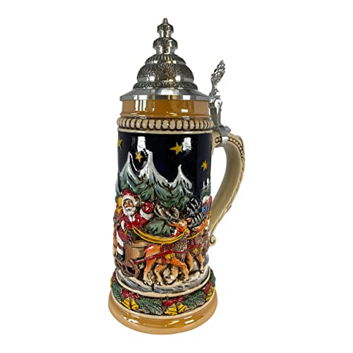 Santa Claus Riding His Sleigh with Reindeer LE Christmas German Beer Stein .5 L