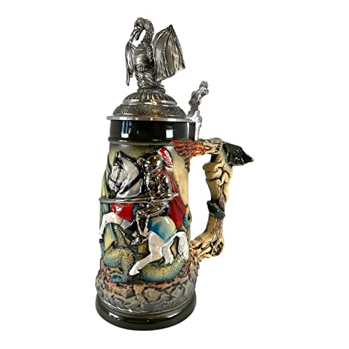 Rustic Medieval Knight Fighting Dragon with Dragon Lid LE German Beer Stein .5 L