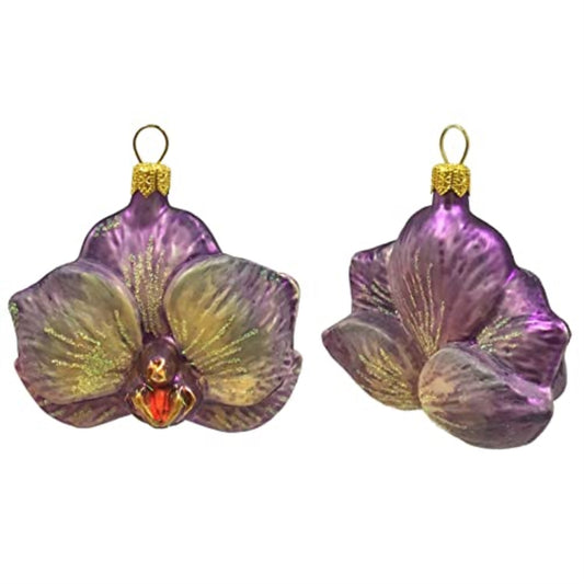 Purple Orchid Flower Polish Glass Christmas Tree Ornament Decoration Set of 2