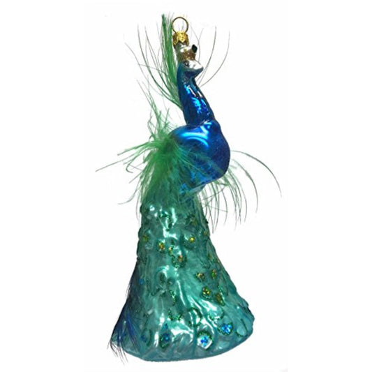 Peacock with Glitter and Feathers Polish Glass Christmas Ornament Bird Wildlife