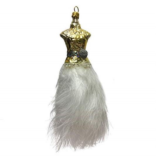 Gold Dress with White Feathers Polish Glass Christmas Tree Ornament Fashion