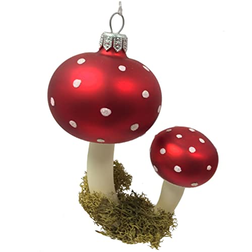 Pair of Red Toadstool Mushrooms with Moss Polish Glass Christmas Tree Ornament