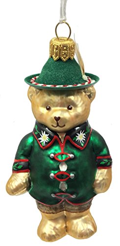 German Bear with Hat and Edelweiss Shirt Polish Glass Christmas Tree Ornament