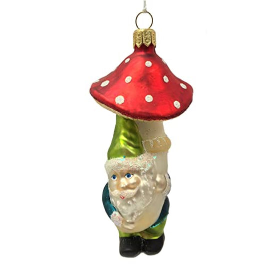 Gnome Carrying Red Toadstool Mushroom Polish Glass Christmas Ornament Decoration