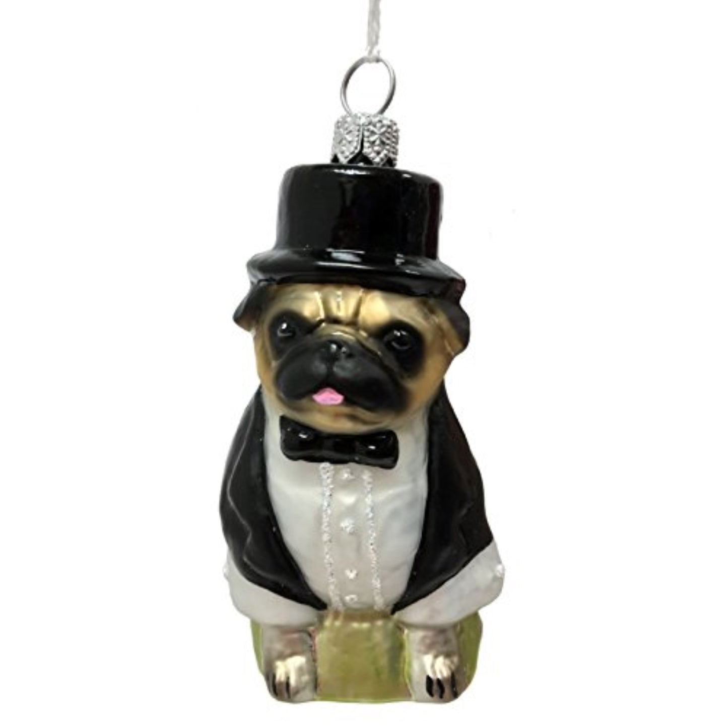 Pug Dog Wearing Tuxedo Polish Glass Christmas Ornament Pet Animal Decoration