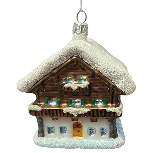 Swiss Ski Chalet Winter Cottage Polish Glass Christmas Tree Ornament Decoration