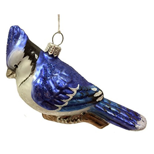 Blue Jay Sitting on Branch Polish Glass Christmas Tree Ornament Wildlife Animal