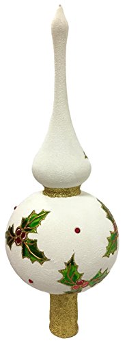 White Glitter Holly Finial Polish Glass Christmas Tree Topper Made in Poland