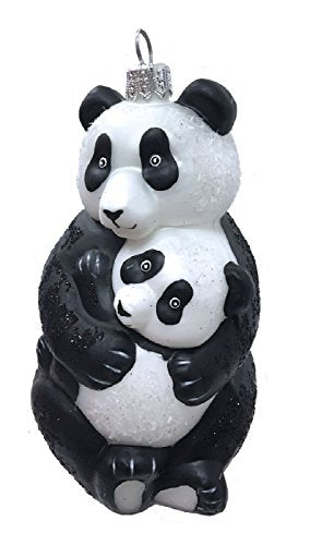 Panda Bear Hugging Baby Cub Polish Glass Christmas Tree Ornament Animal Wildlife