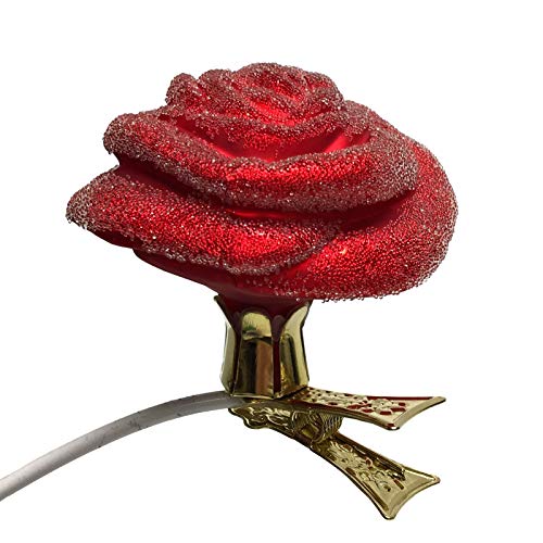 Red Rose Clip on Flower Polish Glass Christmas Tree Ornament Floral Decoration