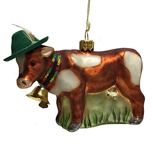 Cow with Green Bavarian Feather Hat and Bell Polish Glass Christmas Ornament