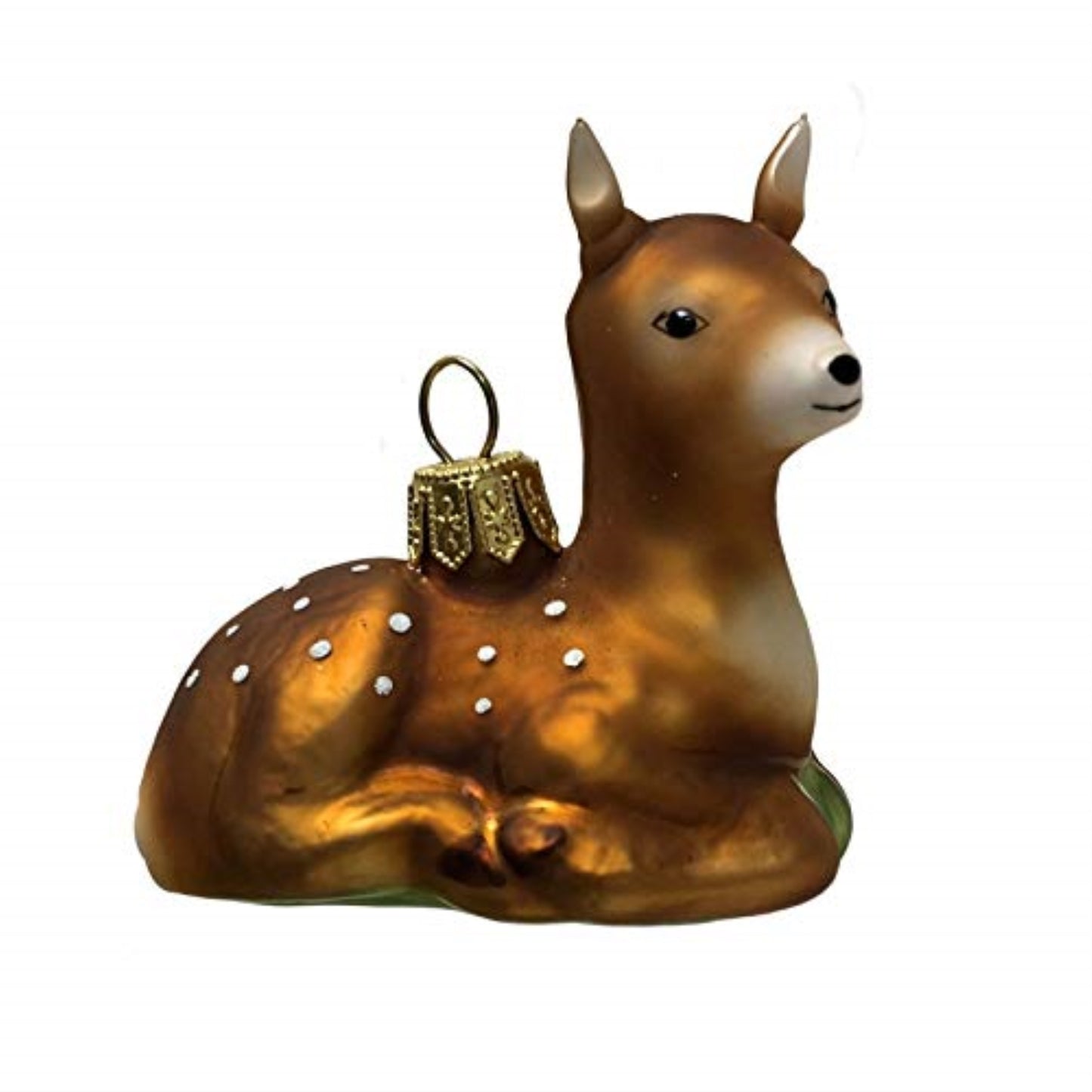 White Spotted Fawn Deer Laying Down Polish Glass Christmas Tree Ornament Animal