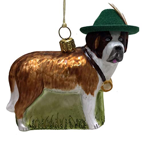 St Bernard Dog with Green Bavarian Feather Hat Polish Glass Christmas Ornament