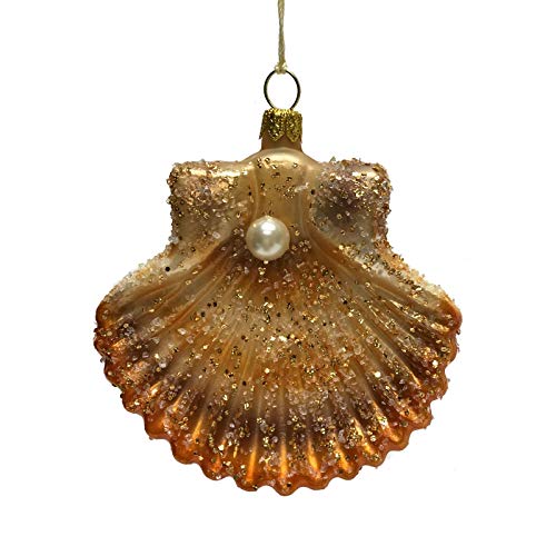 Brown and Copper Seashell with Pearl Polish Glass Christmas Ornament Sea Shell