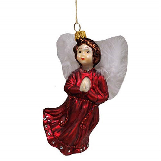 Red Praying Angel with Feather Wings Polish Glass Christmas Tree Ornament