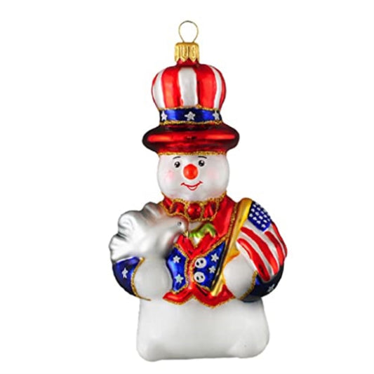 Patriotic USA Snowman Holding the American Flag Polish Glass Christmas Ornament