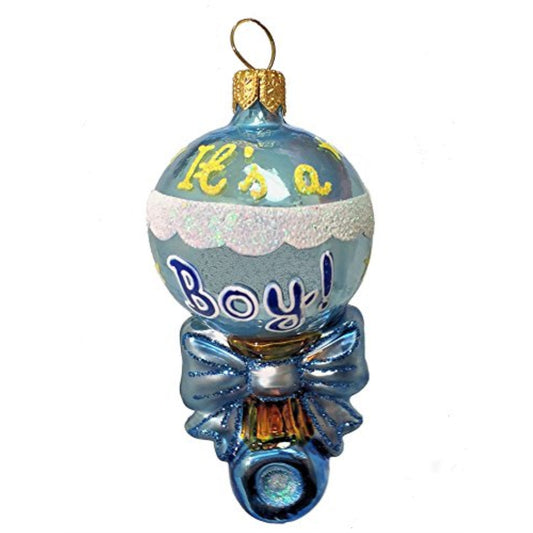 Blue Baby Boy Rattle Polish Glass Christmas Ornament Made in Poland Decoration
