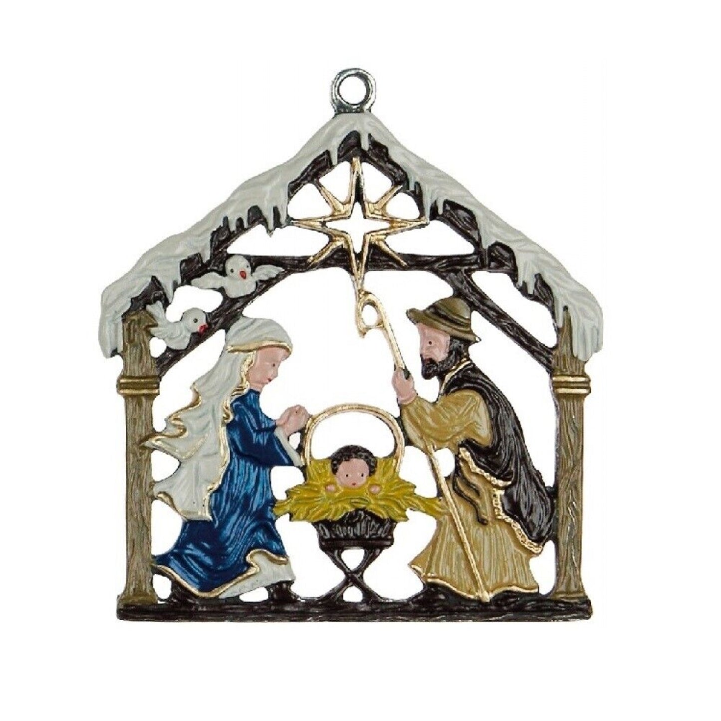 Nativity with Snow German Pewter Christmas Ornament Holy Family Decoration New