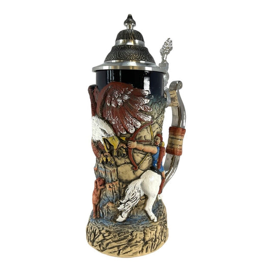 Pinnacle Peak Trading Hunters and Griffin with Bow Handle LE German Stoneware Beer Stein.75 L Germany by King Werks