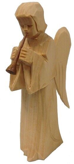 Angel Playing the Flute Natural German Hand Carved Wood Christmas Figurine