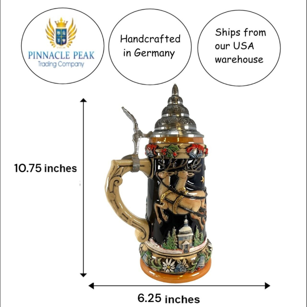 Pinnacle Peak Trading Company LE Santa Sleigh Christmas Reindeer German Beer Stein .75L ONE Mug Made Germany