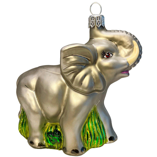 Lucky Elephant with Trunk Raised Polish Glass Christmas Tree Ornament Animal