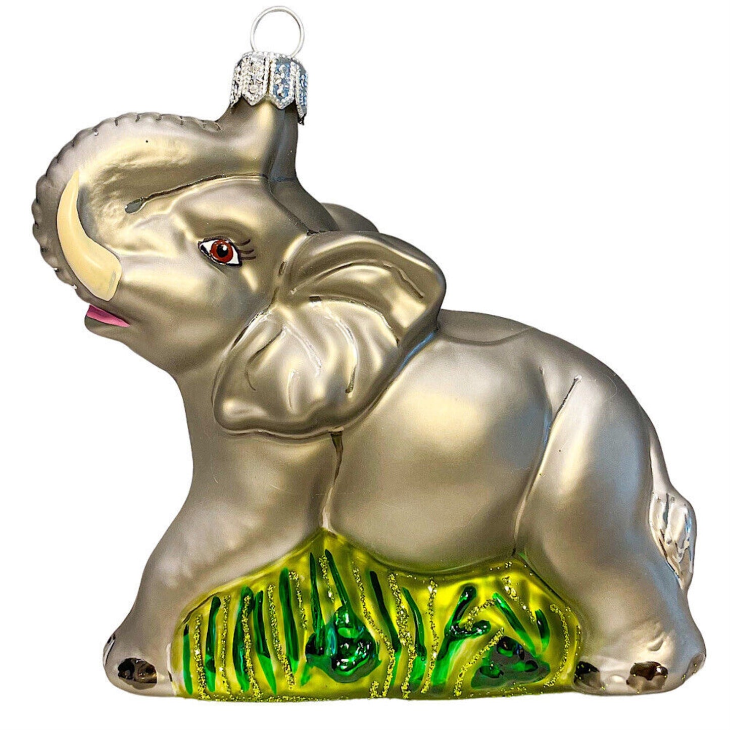 Lucky Elephant with Trunk Raised Polish Glass Christmas Tree Ornament Animal