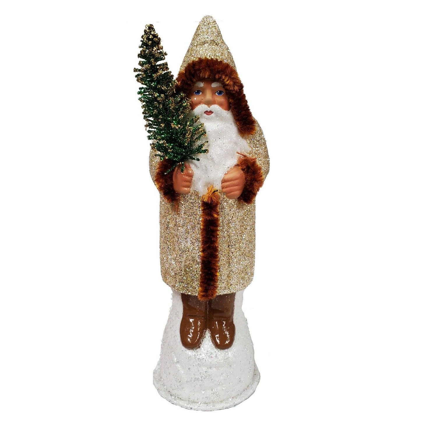 Ino Schaller White Gold Santa with Brown Trim German Paper Mache Candy Container