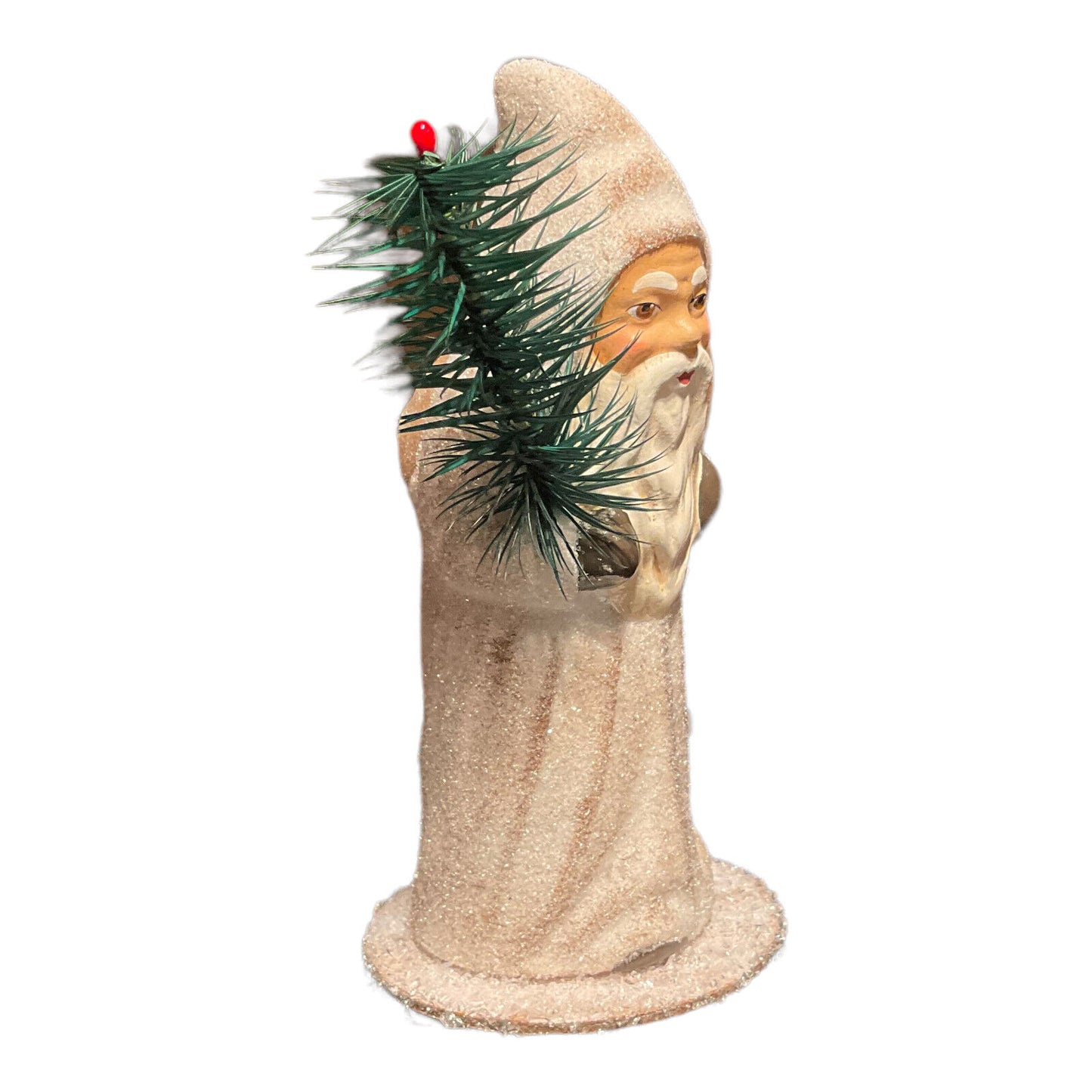 Ino Schaller Old Finish White Coat Santa with Tree German Paper Mache 5.25 Inch