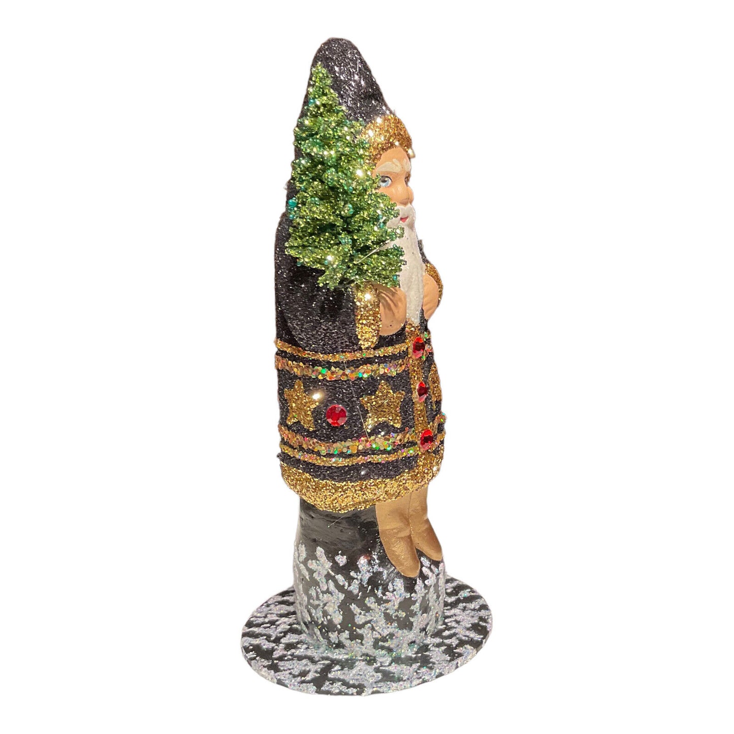 Ino Schaller Black Glitter Coat Santa with Star Design German Paper Mache 6 Inch