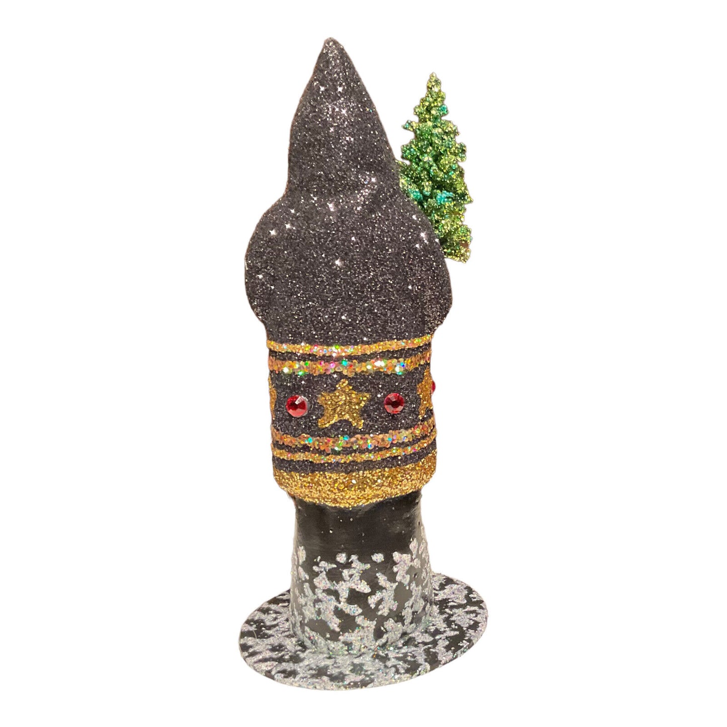 Ino Schaller Black Glitter Coat Santa with Star Design German Paper Mache 6 Inch