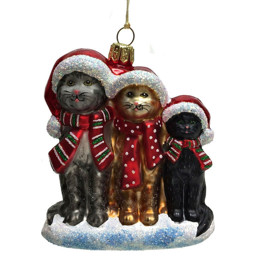 Three Cats Wearing Scarfs and Santa Hats Polish Glass Christmas Tree Ornament