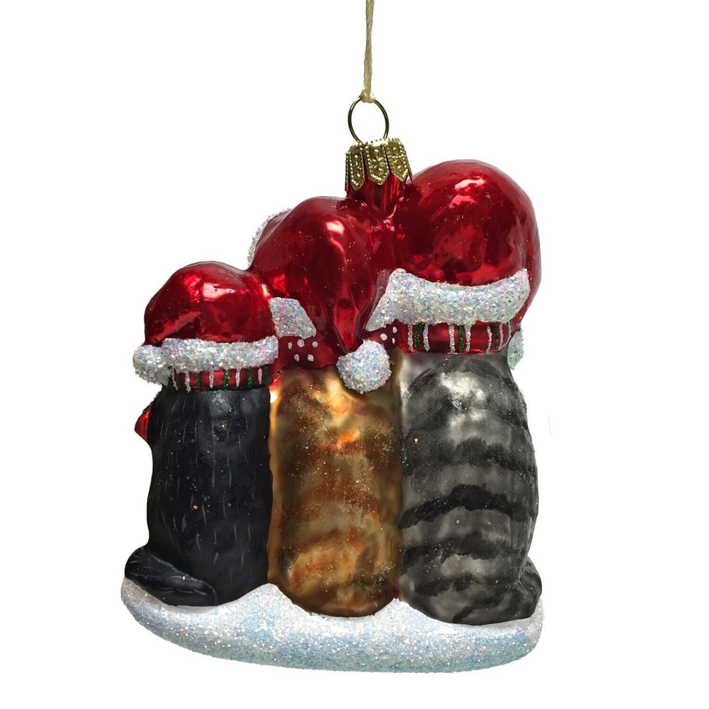 Three Cats Wearing Scarfs and Santa Hats Polish Glass Christmas Tree Ornament