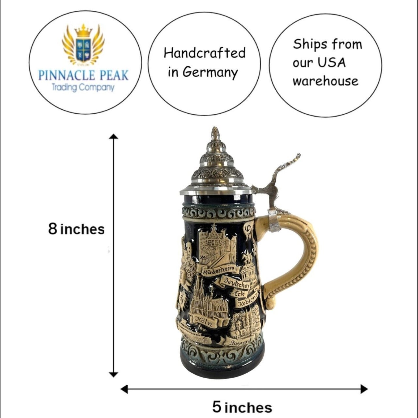 Pinnacle Peak Trading Rhine River Blue Rustic City Panorama LE German Stoneware Beer Stein .25 L by King Werk