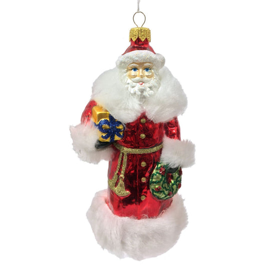 Santa Claus with Red Fur Coat and Presents Polish Glass Christmas Ornament