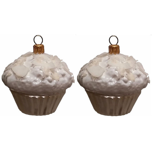 Pinnacle Peak Trading White Coconut Cupcake Dessert Polish Glass Christmas Ornament Set of 2