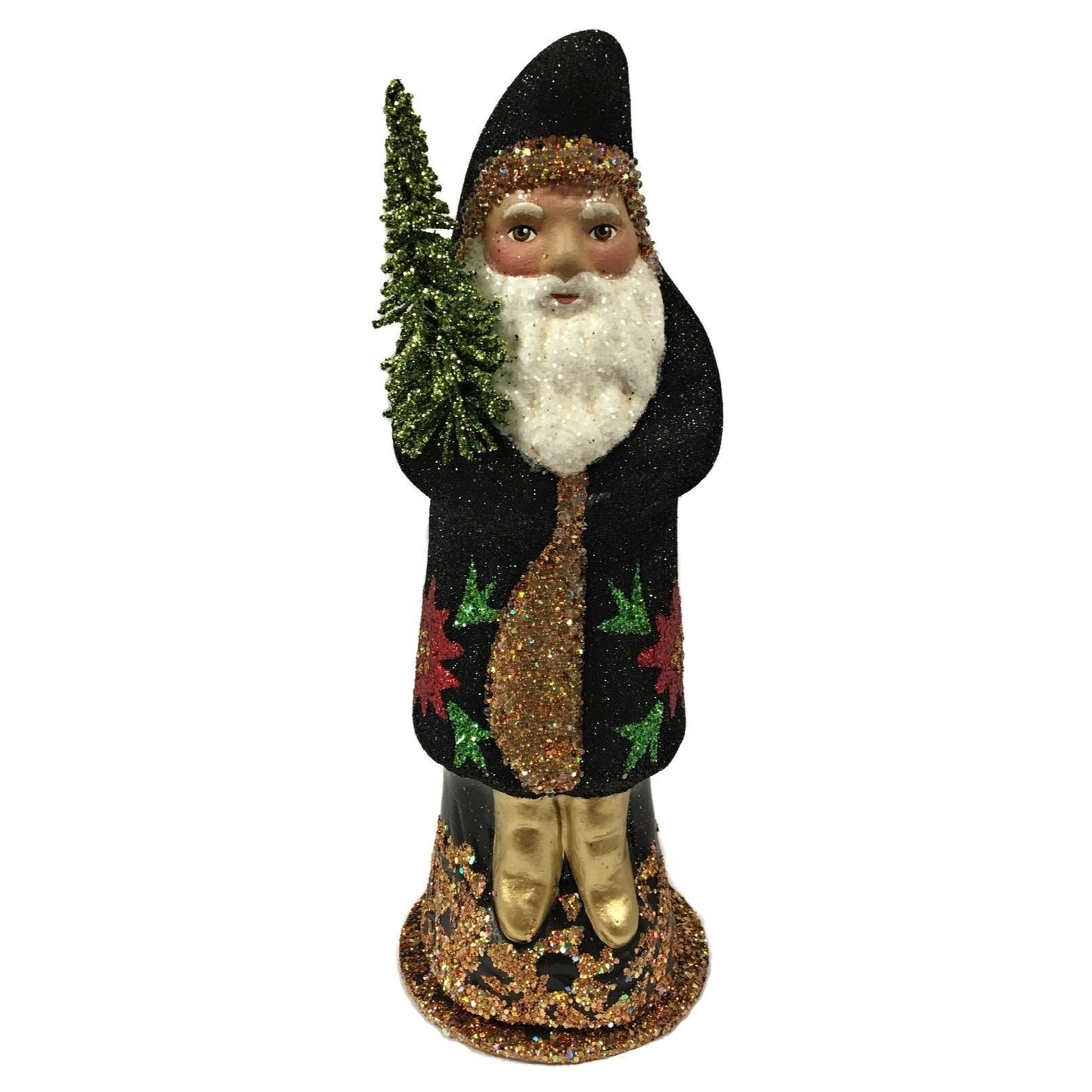 Ino Schaller Black Glitter Santa with Poinsettia Paper Mache Candy Container