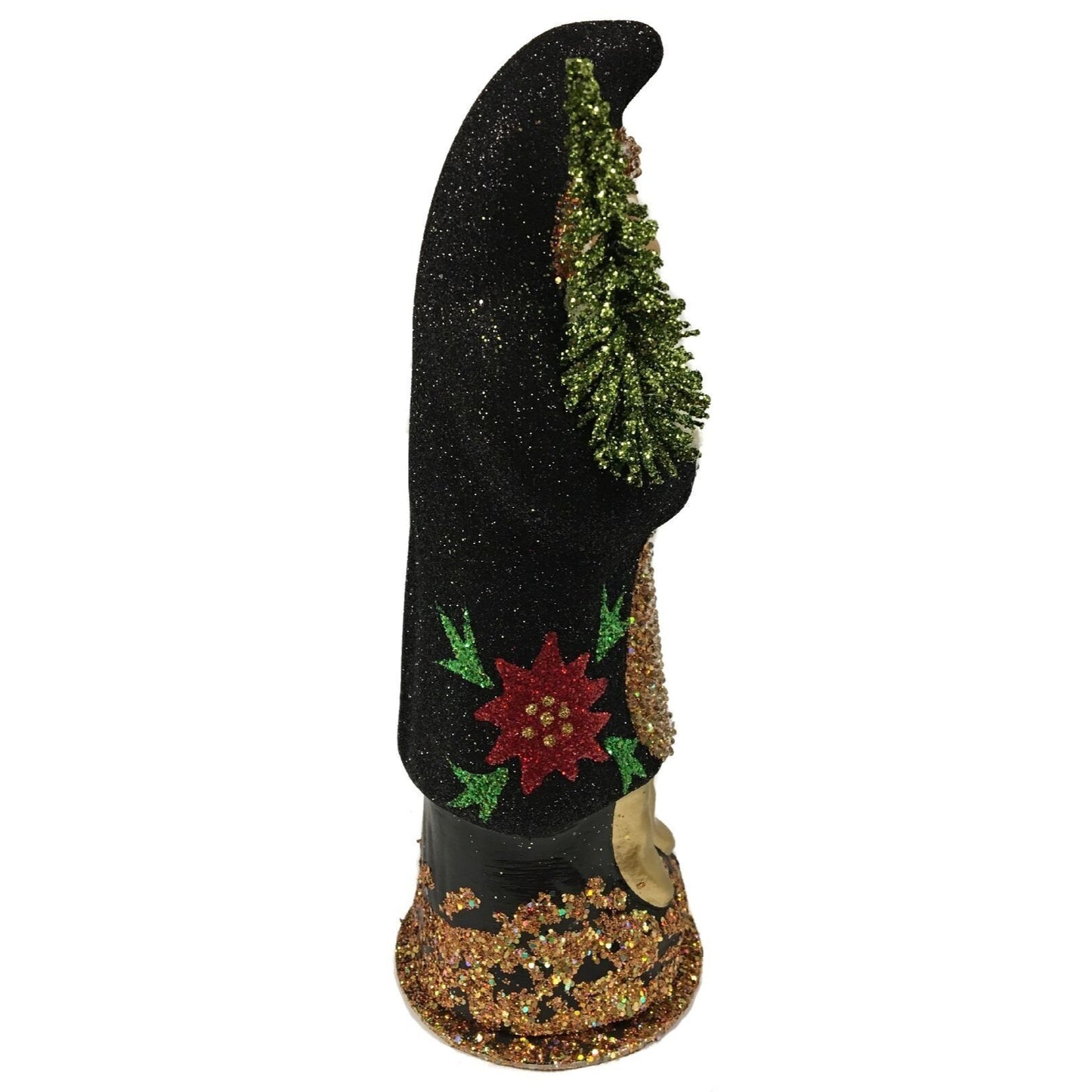 Ino Schaller Black Glitter Santa with Poinsettia Paper Mache Candy Container