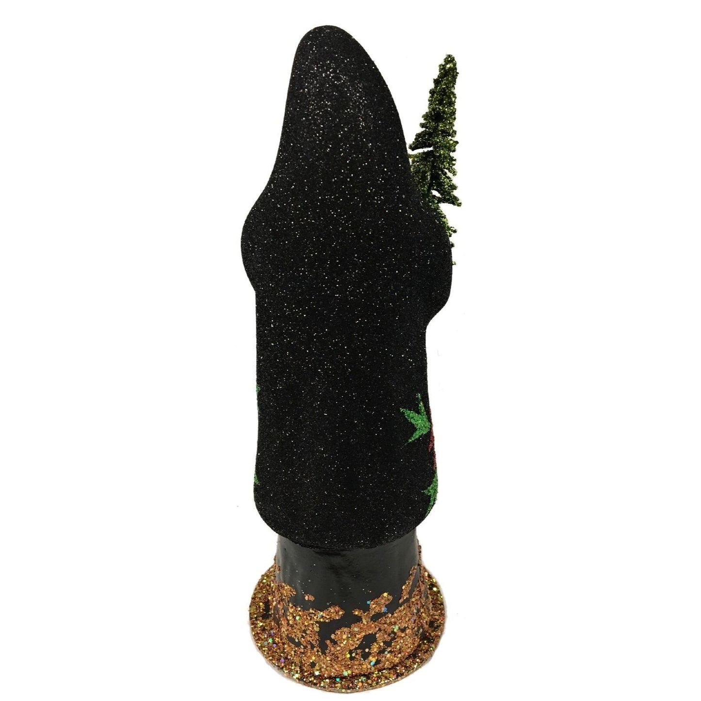Ino Schaller Black Glitter Santa with Poinsettia Paper Mache Candy Container