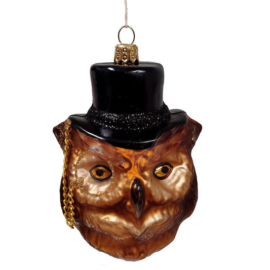 Owl Wearing Monocle and Top Hat Polish Glass Christmas Ornament Bird Decoration