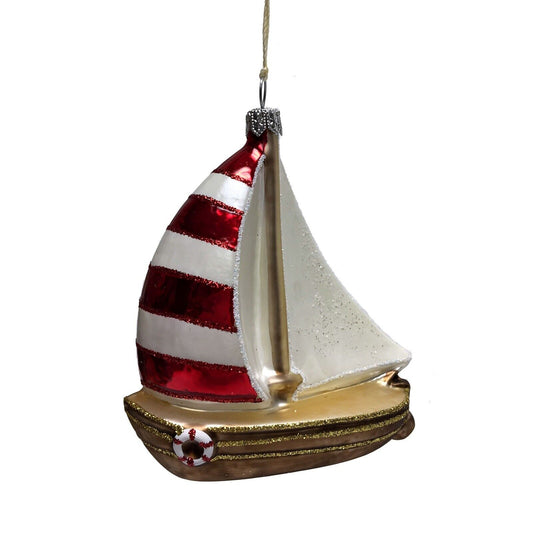 Red and White Striped Sail Boat Polish Glass Christmas Tree Ornament Mail Poland