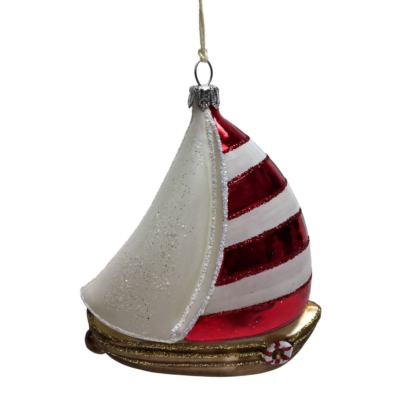 Red and White Striped Sail Boat Polish Glass Christmas Tree Ornament Mail Poland