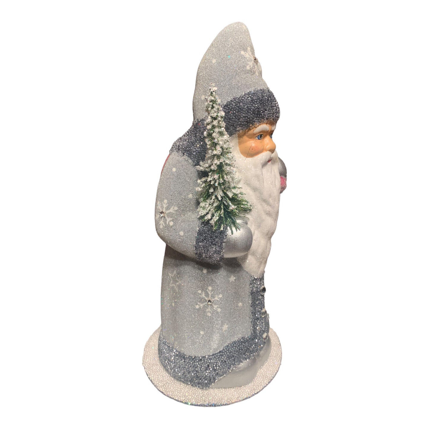 Ino Schaller Light Grey Santa with Snowflakes German Paper Mache 10.25 Inch