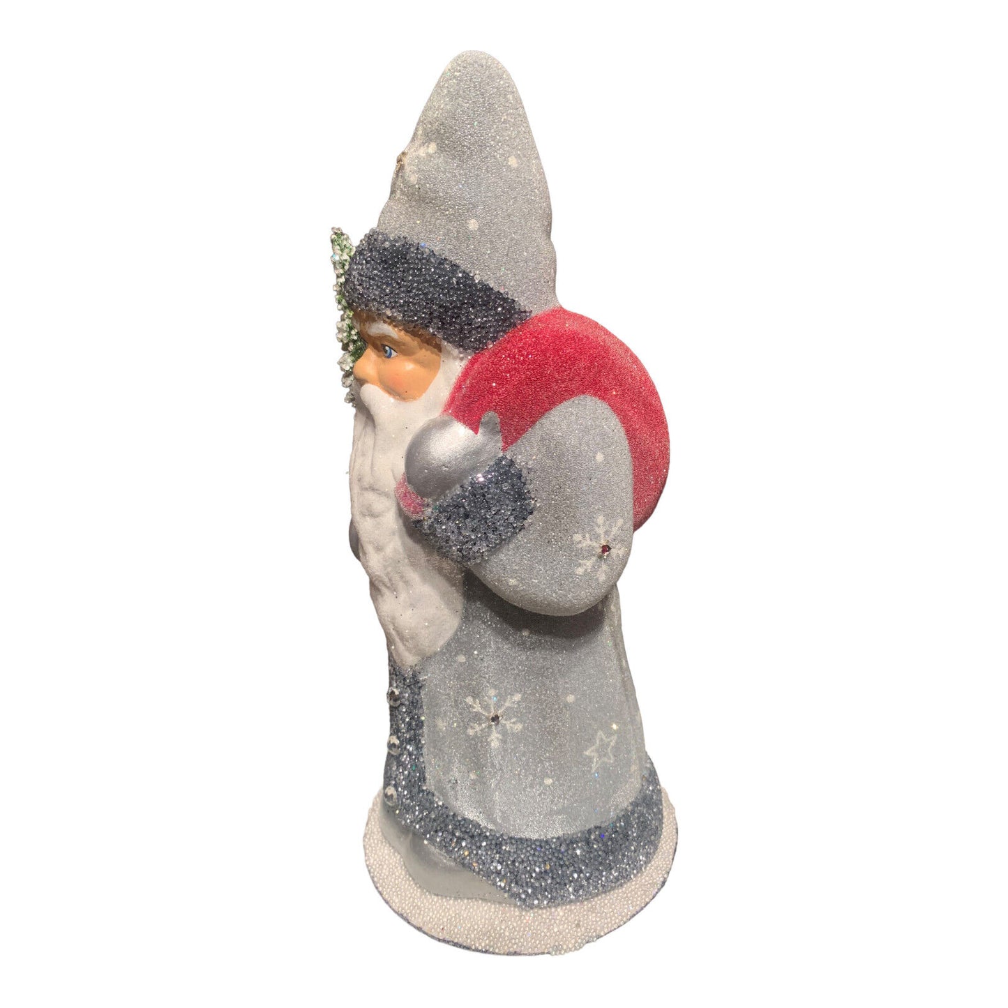 Ino Schaller Light Grey Santa with Snowflakes German Paper Mache 10.25 Inch