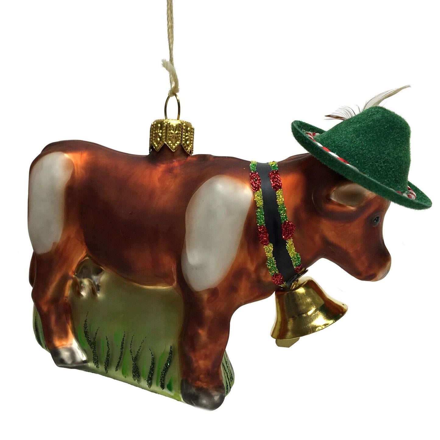 Cow with Green Bavarian Feather Hat and Bell Polish Glass Christmas Ornament